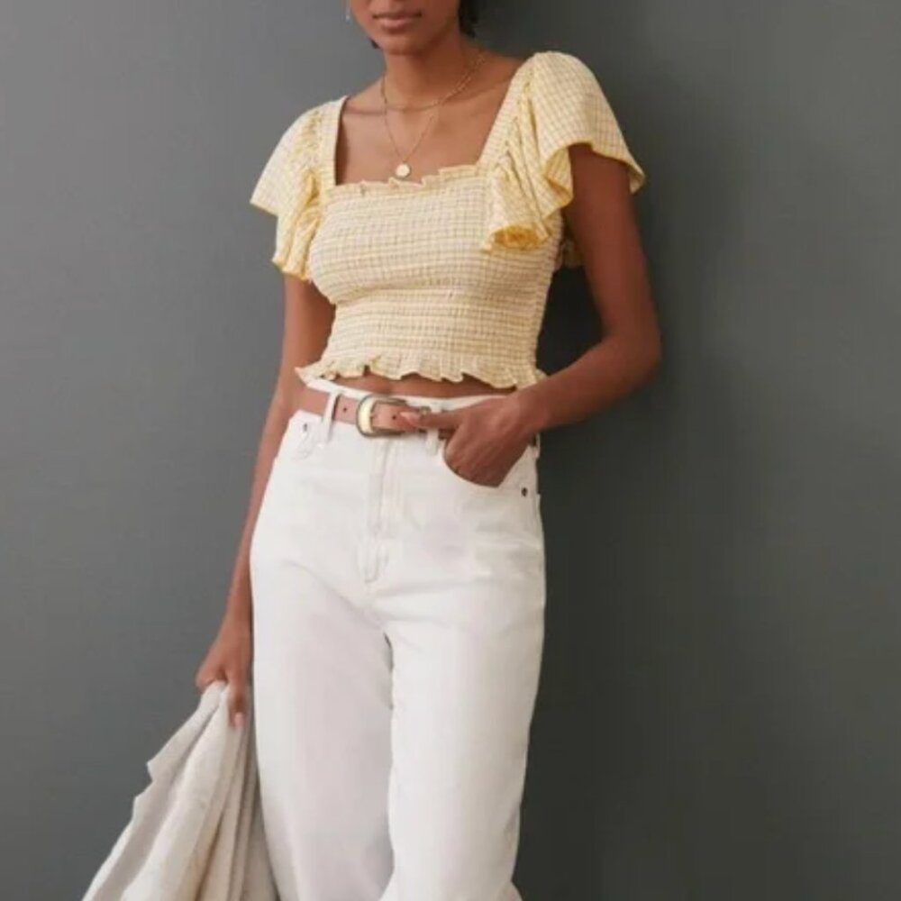 ANTHROPOLOGIE Maeve crinkle gingham smocked top